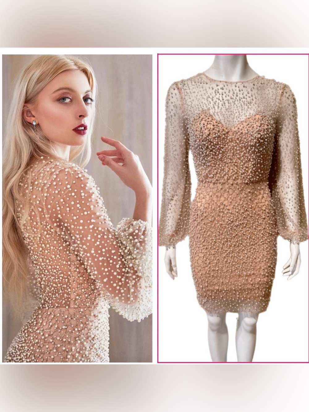 Andrea & Leo Couture Pearl Embellished Sheer Long-Sleeve Mini Dress Nude Blush 4